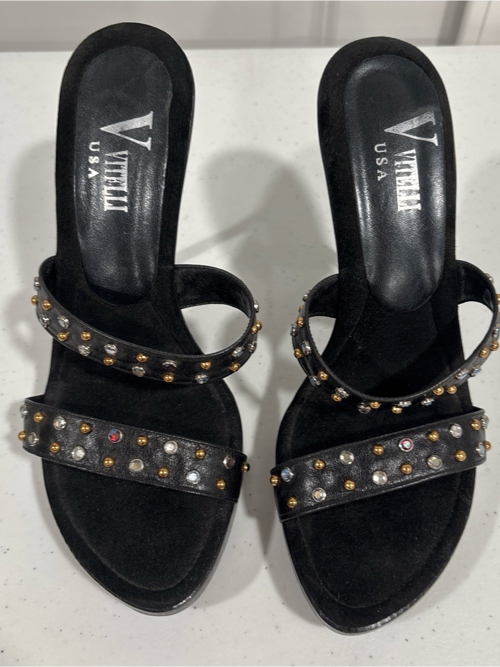 NWOT VITELLI Handmade in USA Black Studded Two-Strap Slide Sandals with leather